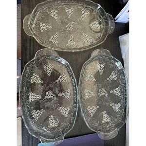 Vintage Anchor Hocking Clear Glass Grape Snack Plate Trays (3) Plus One Bowl